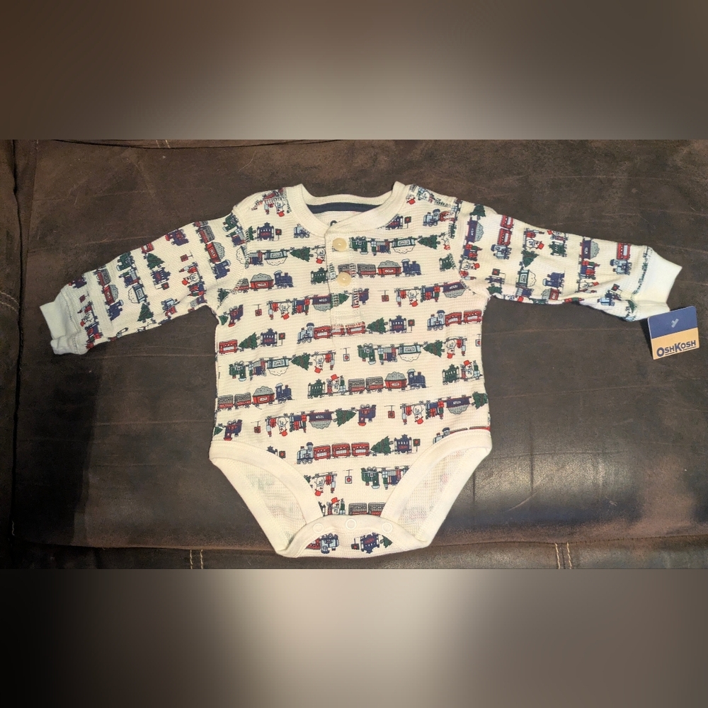 OshKosh B'gosh Holiday Train Pattern Long Sleeve thermal Henley snap Bodysuit